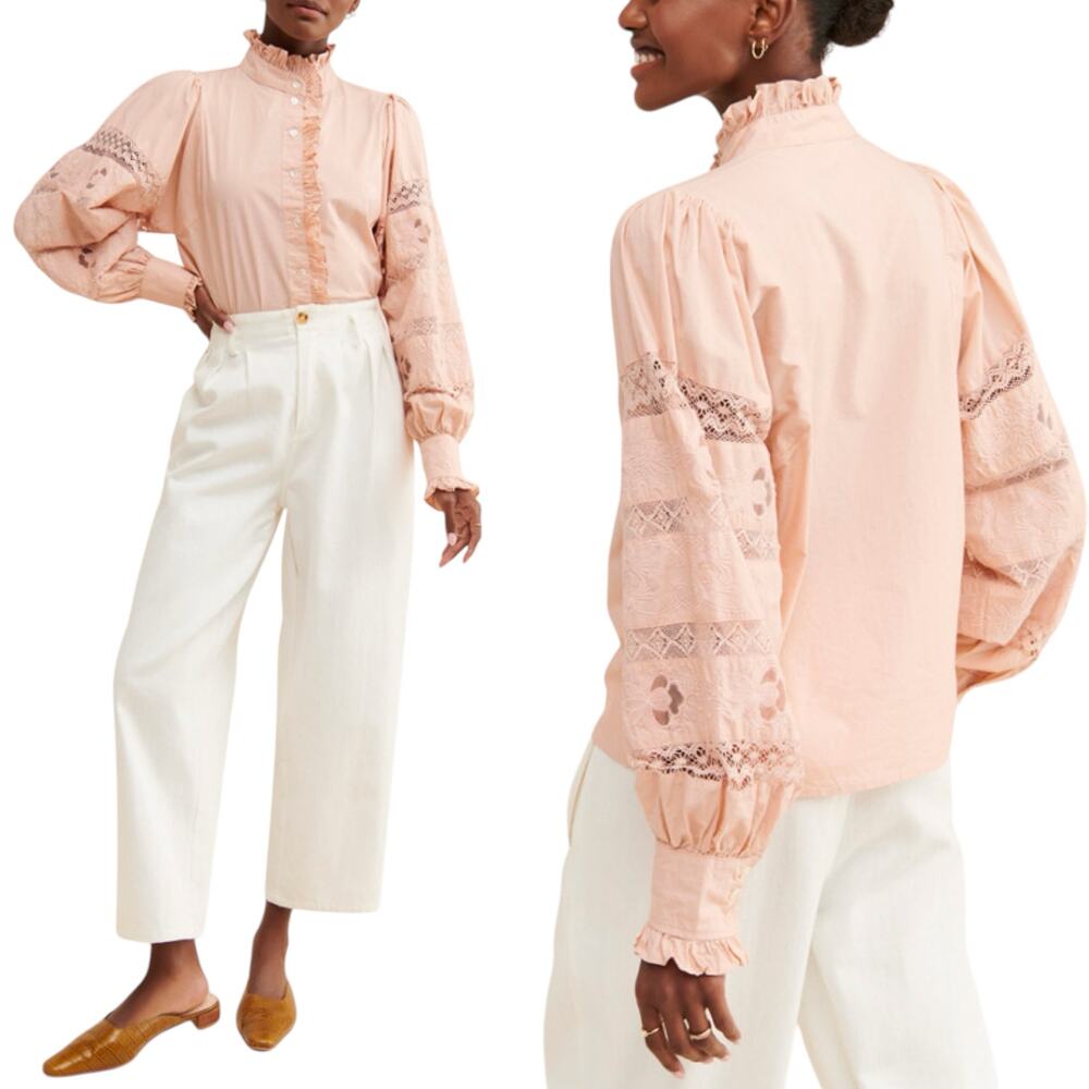 Love The Label Cotton Lace Button-Down Vintage-Inspired Feminine Blouse Pink S